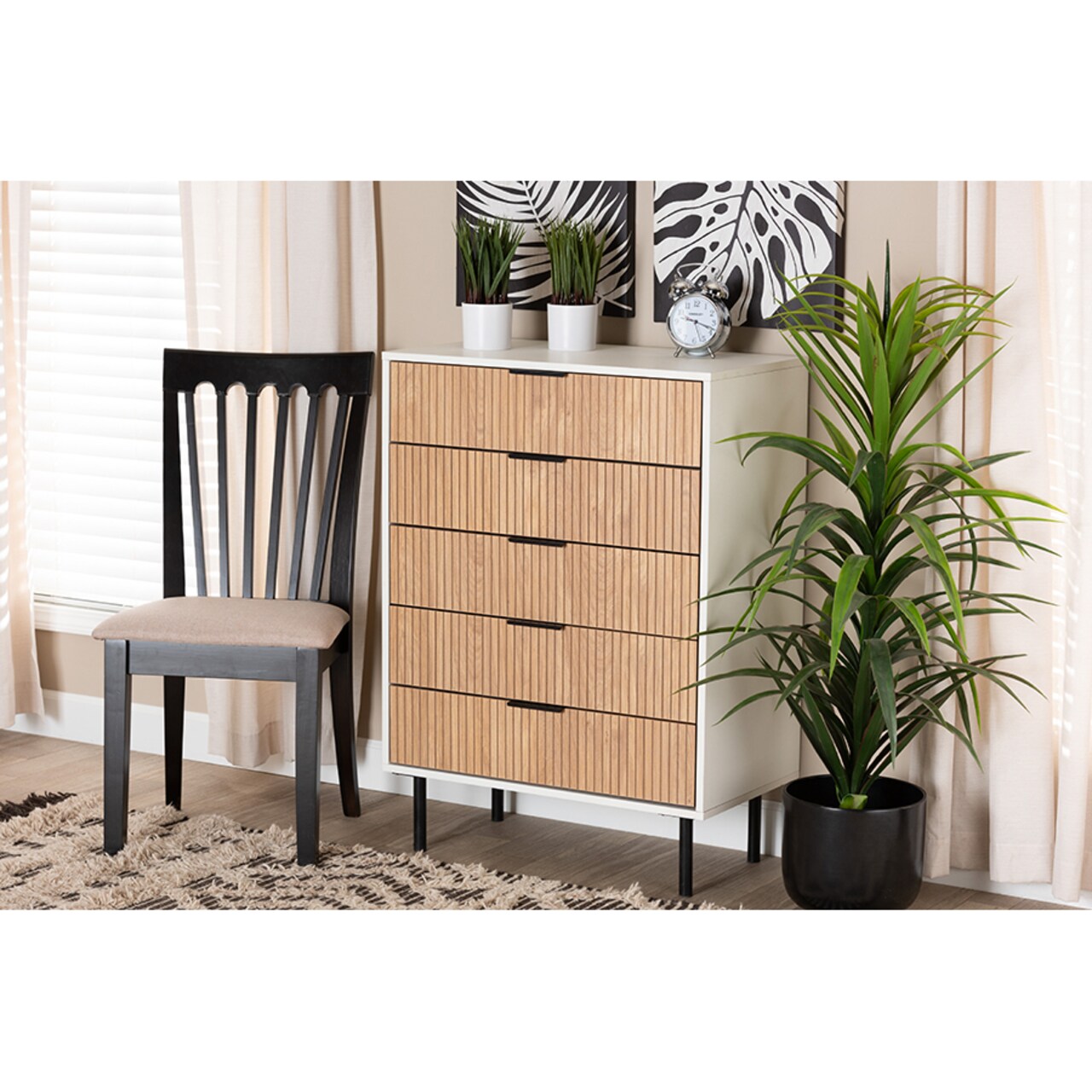 Wholesale Interiors Baxton Studio Karima Mid-Century Modern Two-Tone White and Natural Brown Finished Wood and Black Metal 5-Drawer Storage Cabinet